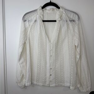 White Crochet Knit Button Front Blouse Size M Long Sleeve Sheer Boho Cottagecore